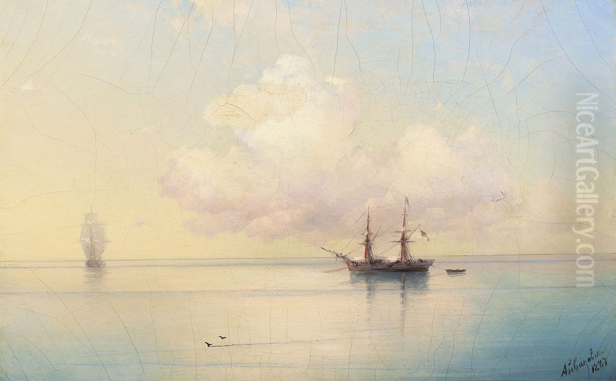 Sailing Ships on a Calm Day. Oil Painting by Ivan Aivazovsky