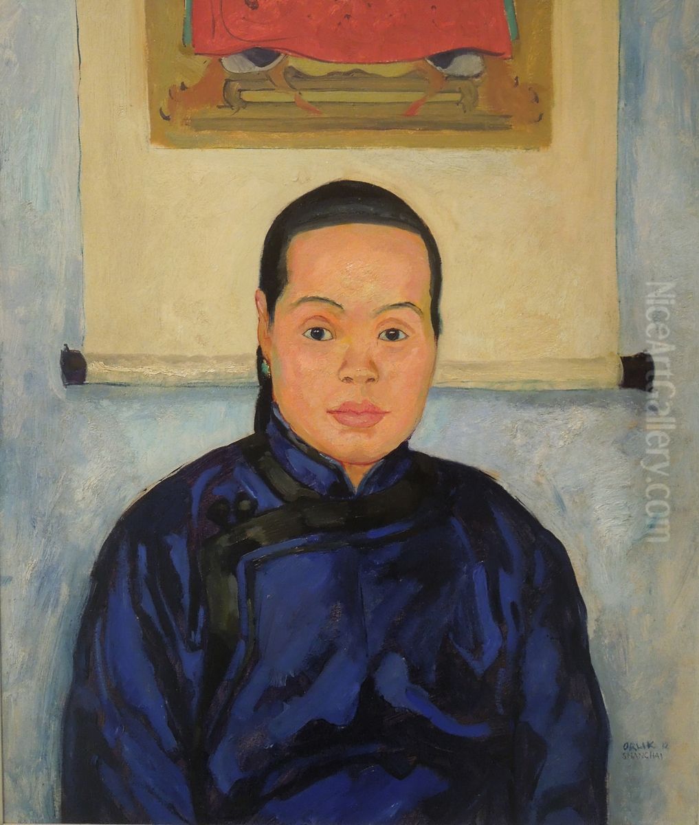A Chinese Woman Oil Painting by Emil Orlik