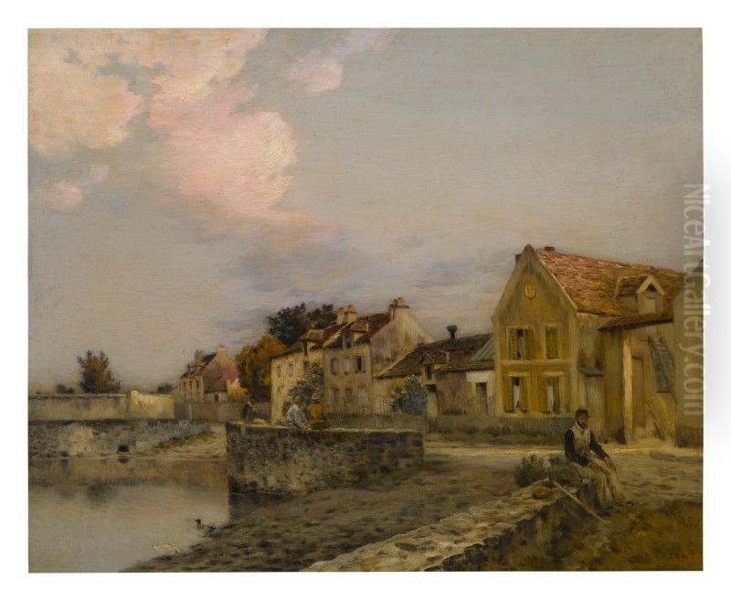 A FRENCH VILLAGE ON A RIVER Oil Painting by unknown