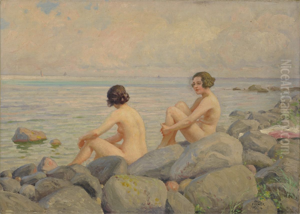 Bathing On The Rocks Oil Painting by Paul Gustav Fischer