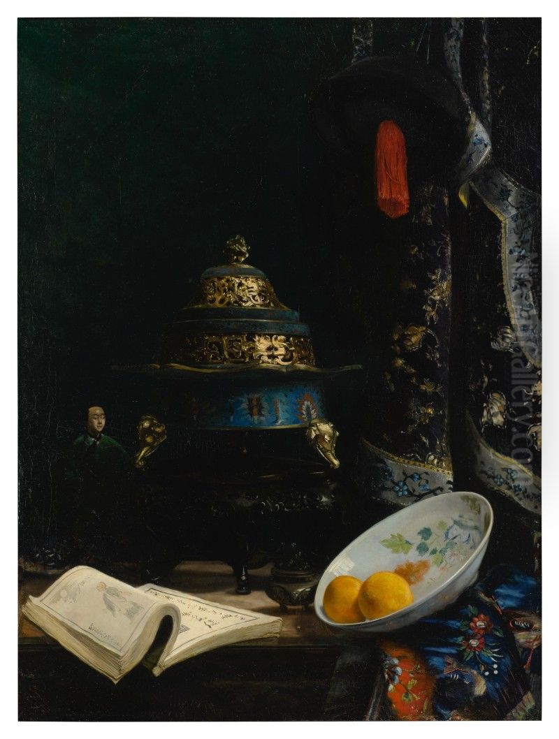 STILL LIFE FEATURING AN 18TH CENTURY CHINESE CENSER, PORCELAIN ENAMELED DISH AND QING DYNASTY COURTIER'S HAT Oil Painting by unknown