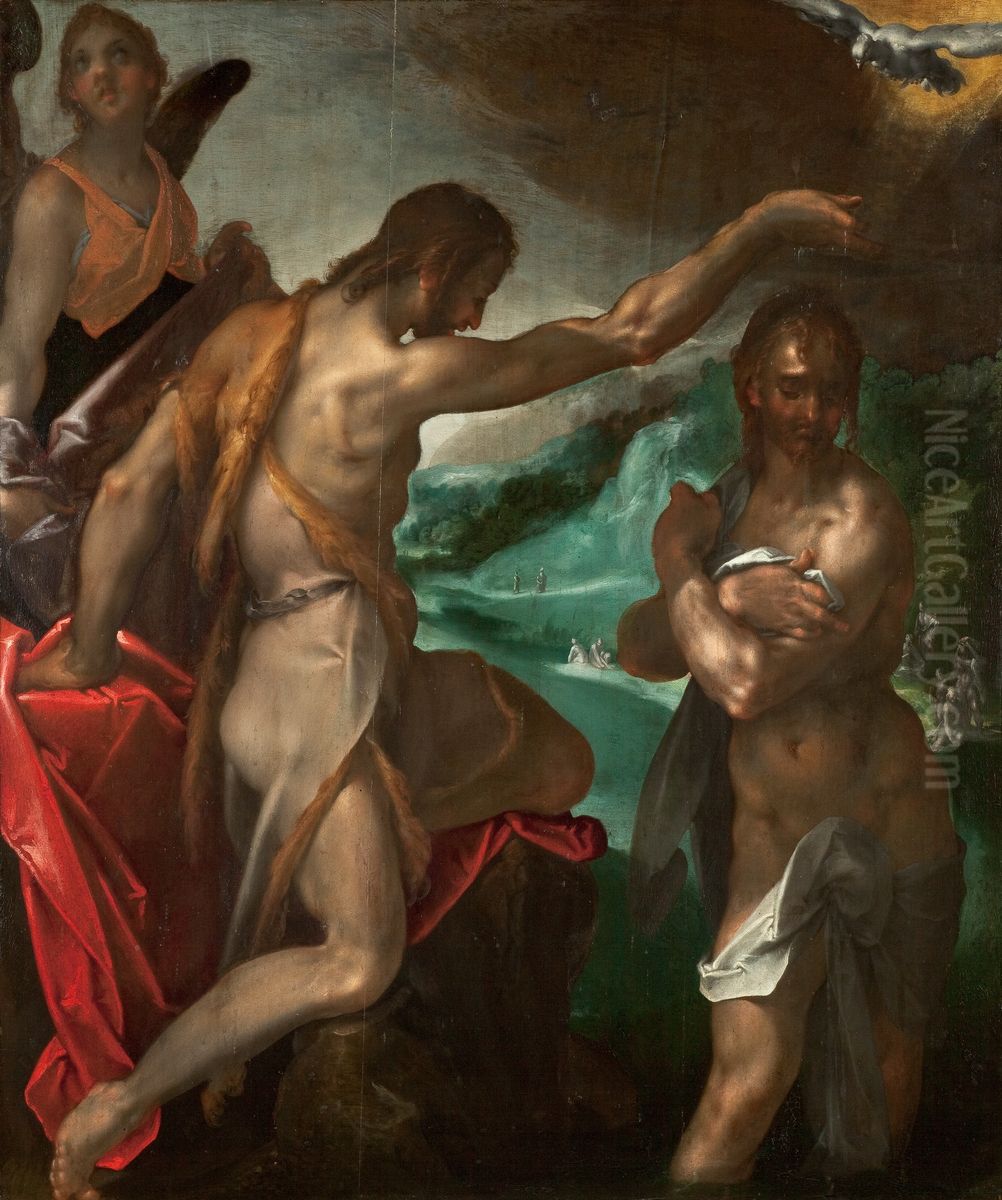 Die Taufe Christi. Oil Painting by Bartholomeus Spranger