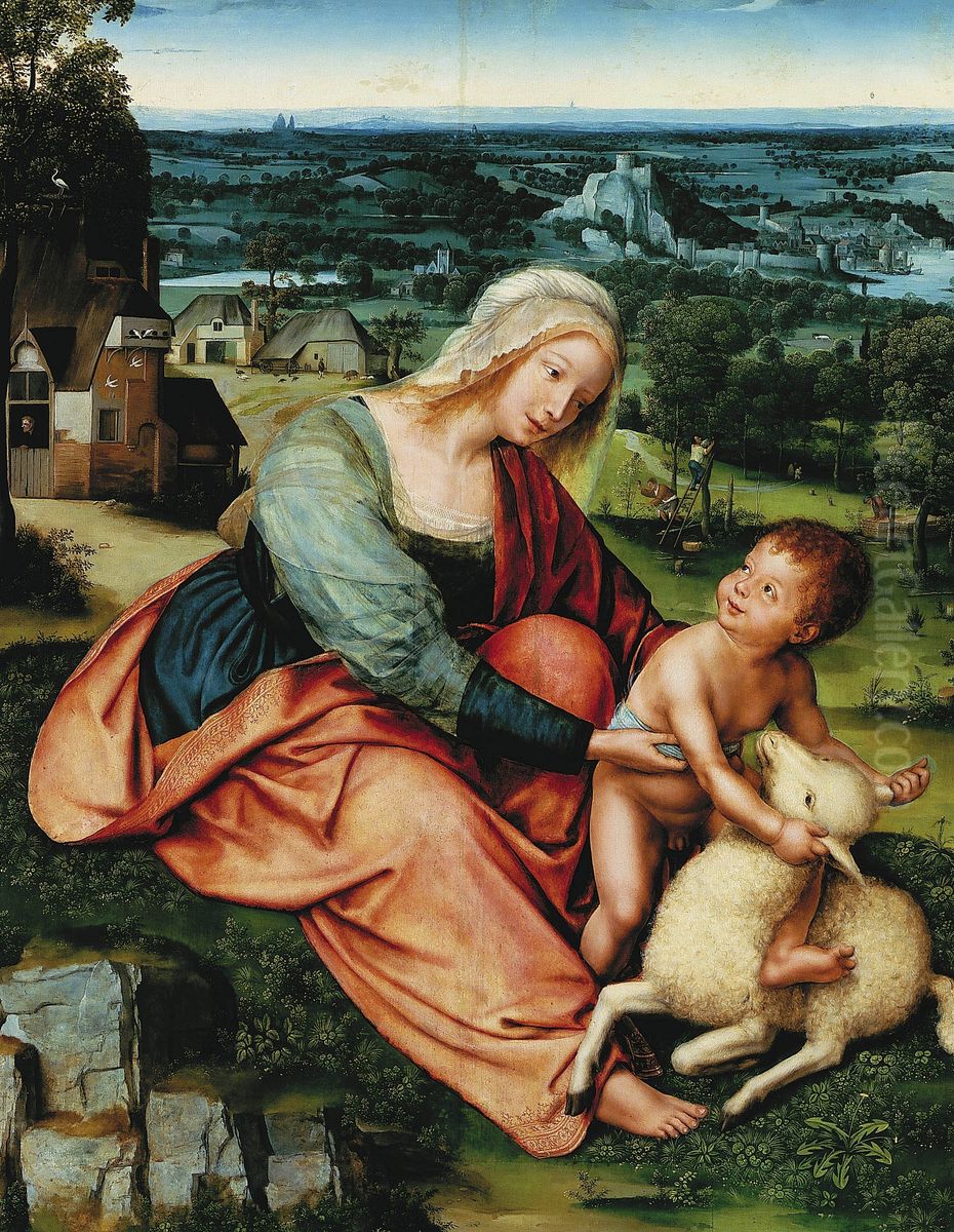 Madonna and Child with a lamb against a landscape Oil Painting by Quinten Metsys