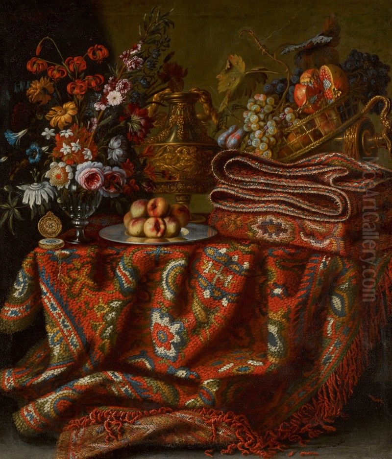 A STILL LIFE WITH POMEGRANATES, GRAPES, PEACHES, A VASE OF FLOWERS AND ASSORTED ORFEVRERIE, ALL ON A TABLE DRAPED WITH AN ORNATE TURKISH CARPET Oil Painting by unknown