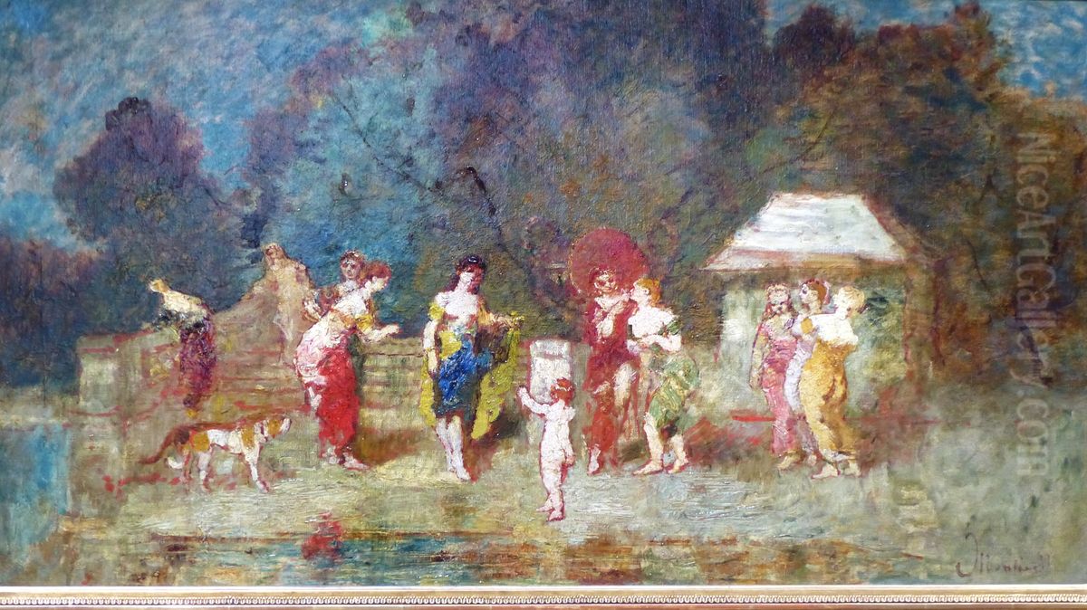 Women in a Park at the Edge of the Water with a Child and a Dog Oil Painting by Adolphe Joseph Thomas Monticelli