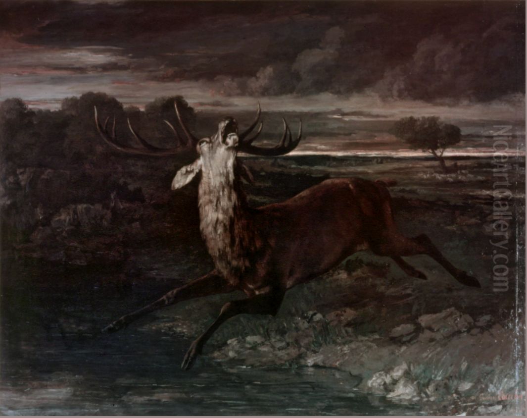 Le Cerf a l'eau, chasse a courreorLe Cerf force Oil Painting by Gustave Courbet