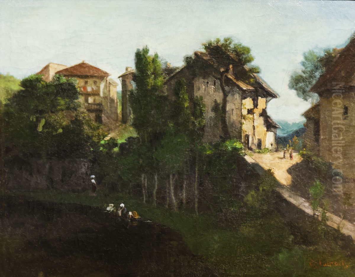 Landscape with washerwomenFrancais:Paysage aux lavandieresItaliano:Paesaggio con lavandaie Oil Painting by Gustave Courbet