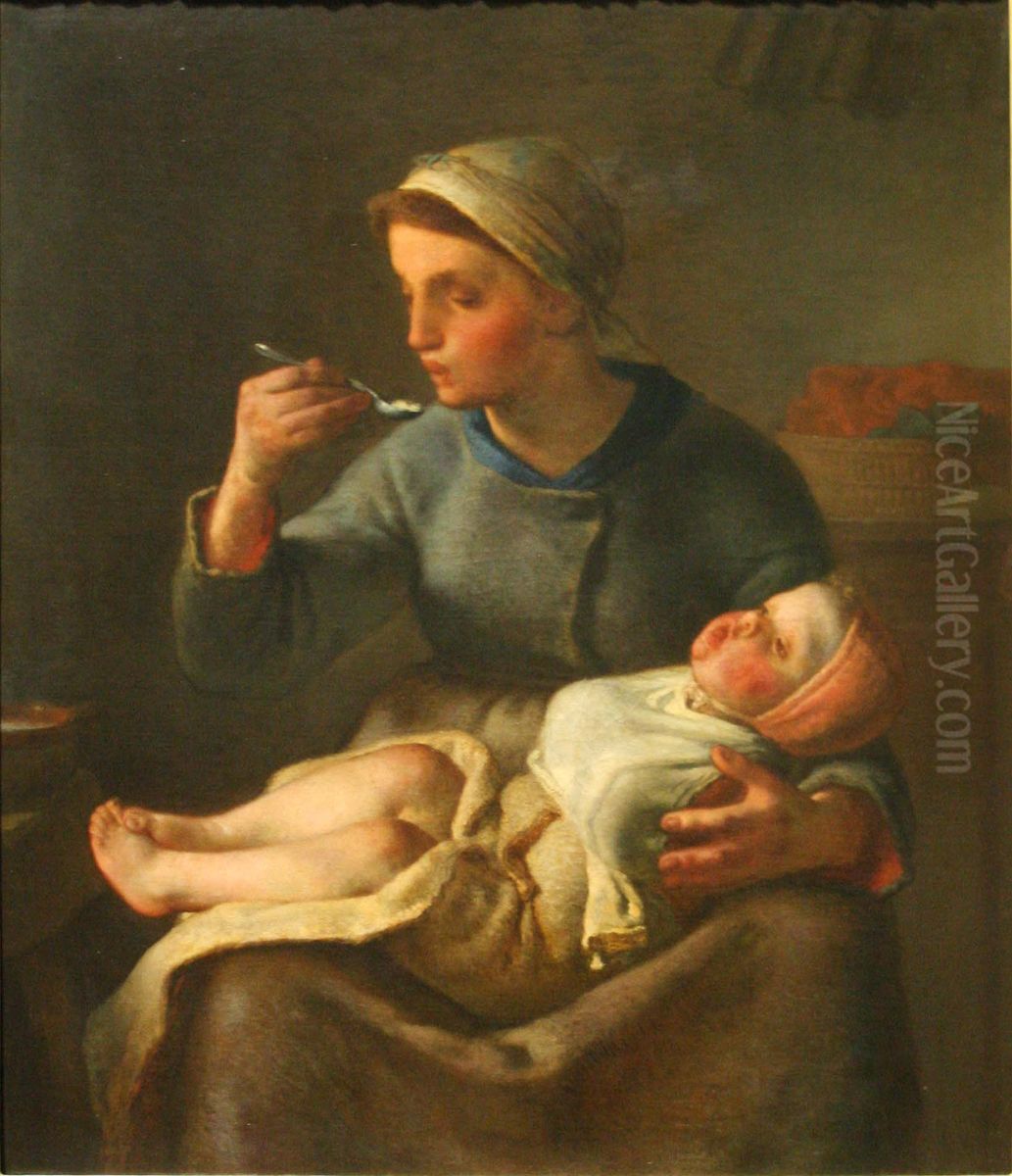 Femme faisant manger son enfant (La bouillie). Oil Painting by Jean-Francois Millet