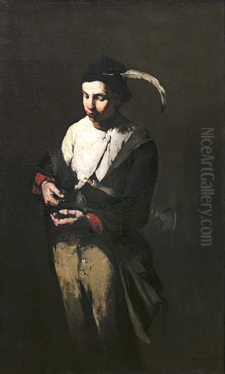 'The Flautist', says 'The recipe'Francais:Le Fluteur, dit La recetteItaliano:'Il Flautista', dice 'La ricetta' Oil Painting by Augustin Theodule Ribot
