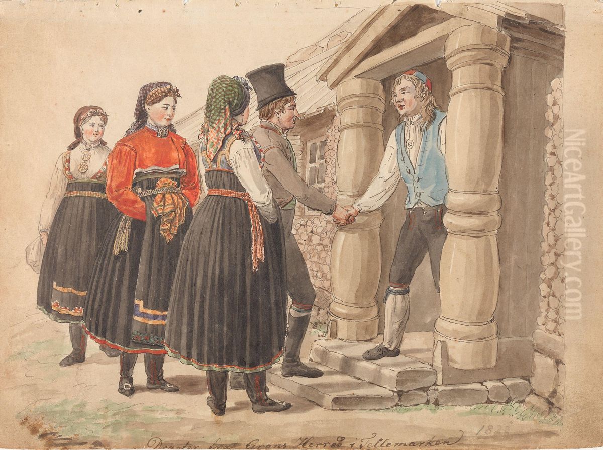 Draktstudier fra Gran i Telemark Oil Painting by Johannes Flintoe