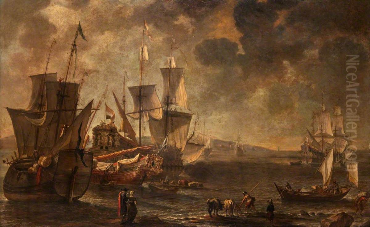 Shipping in a Haven Oil Painting by Hendrik van Minderhout