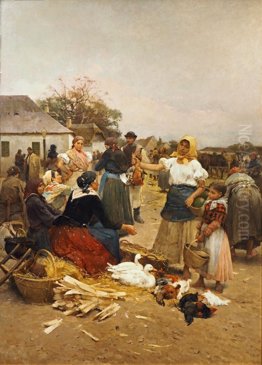 Poultry Market Oil Painting by Lajos Deak Ebner