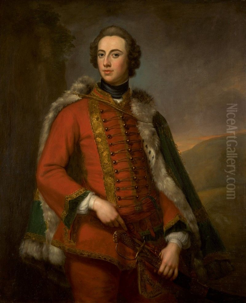 PORTRAIT OF WALTER SMYTHE, THREE-QUARTER-LENGTH, WEARING UNIFORM WITH A FUR-LINED GREEN CLOAK Oil Painting by unknown