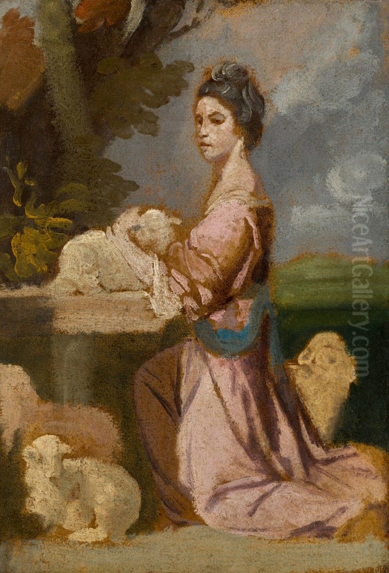 PORTRAIT OF LADY MARY LESLIE (1753-99), FULL-LENGTH, WITH LAMBS IN A LANDSCAPE Oil Painting by unknown
