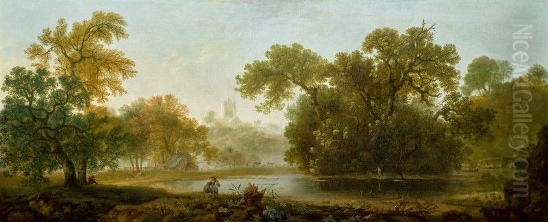 WOODED RIVER LANDSCAPE, WITH A CATHEDRAL BEYOND Oil Painting by unknown