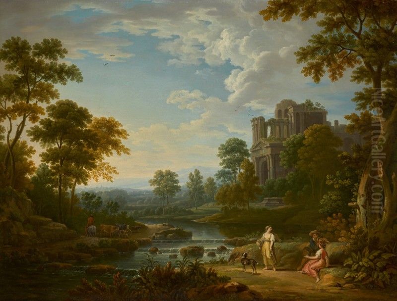 A WOODED RIVER LANDSCAPE WITH CLASSICAL RUINS, A DROVER WITH CATTLE AND FIGURES PLAYING MUSIC IN THE FOREGROUND Oil Painting by unknown