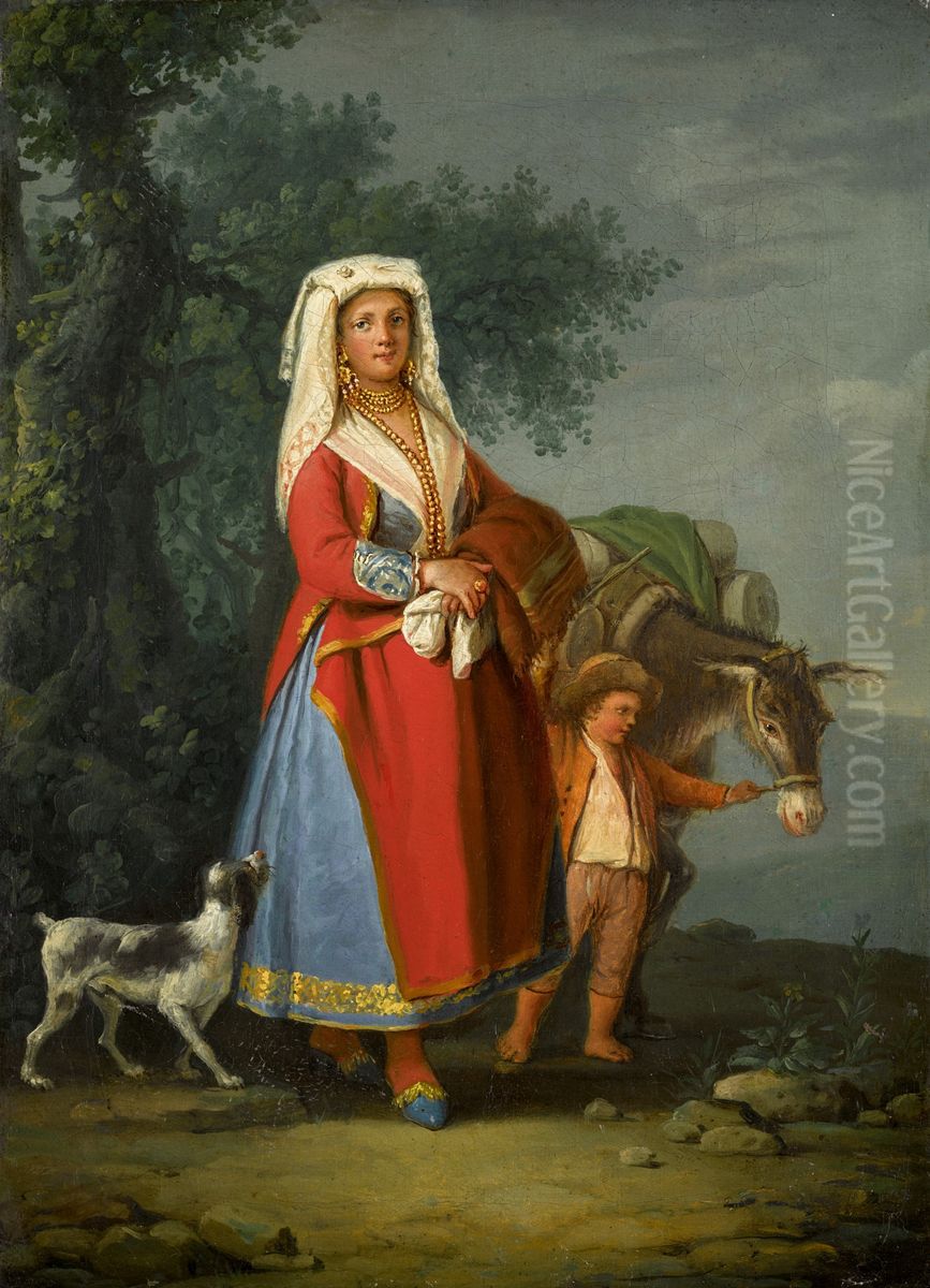 A young girl in traditional Neapolitan dress in a landscape, together with a young boy and a donkey Oil Painting by Pietro Fabris
