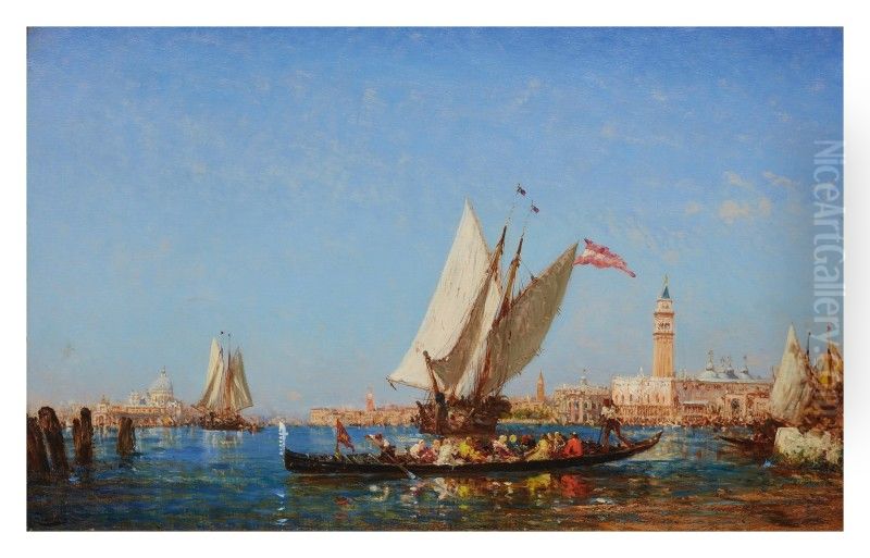 BOATS ON THE BACINO SAN MARCO, WITH THE PUNTA DELLA DOGANA, SANTA MARIA DELLA SALUTE, PALAZZO DUCALE AND THE CAMPANILE IN THE DISTANCE, VENICE Oil Painting by unknown