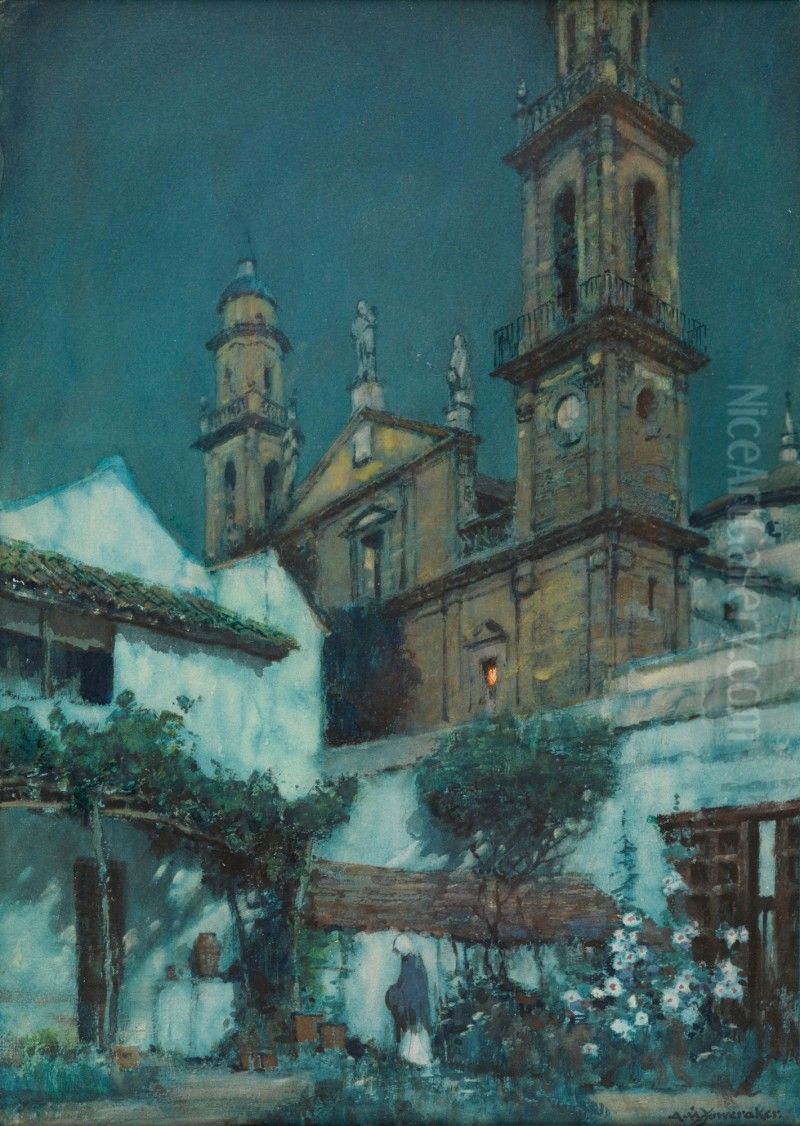 MOONLIGHT - A GARDEN IN SEVILLE Oil Painting by unknown