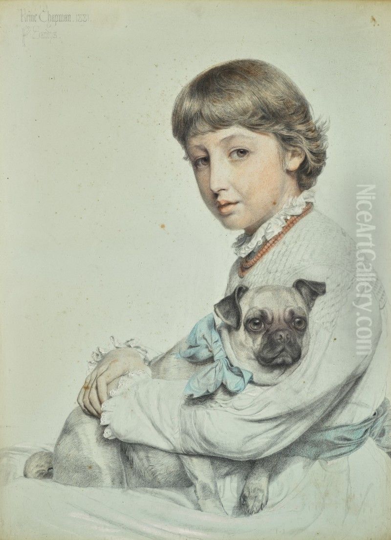 PORTRAIT OF REINE CHAPMAN AND HER PUG-DOG Oil Painting by unknown