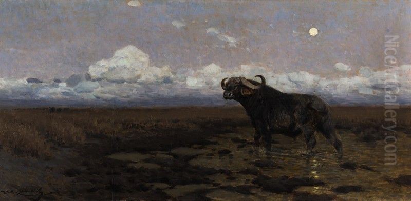 IN THE MARSH - A CAPE BUFFALO Oil Painting by unknown