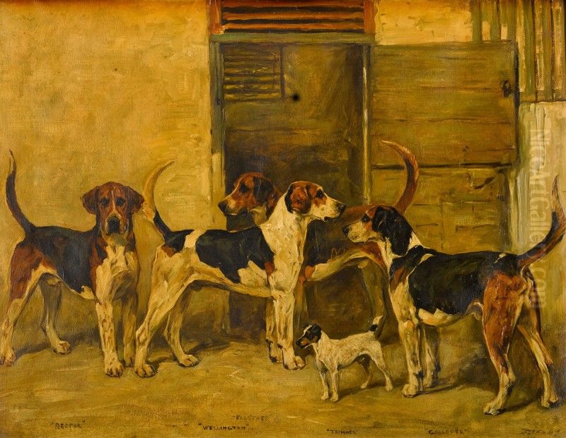 FOX HOUNDS AND A TERRIER Oil Painting by unknown