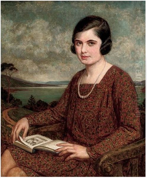 Portrait of a lady, a book on her lap, a landscape beyond Oil Painting by unknown