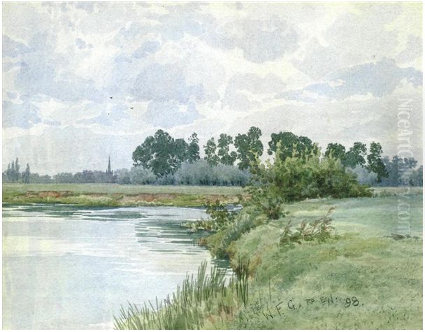 The distant church spire of All Saints Church, St. Ives, from the River Ouse , 1898 Oil Painting by William Fraser Garden