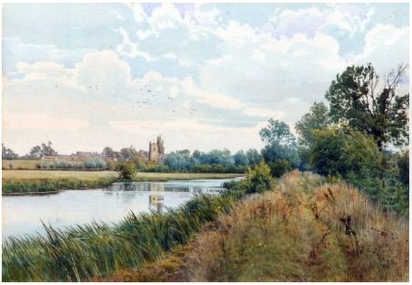 River Scene with Distant Village , 1896 Oil Painting by William Fraser Garden