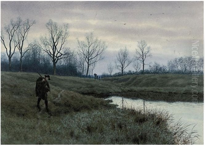 The gamekeeper at dusk on a cold winter's day Oil Painting by William Fraser Garden