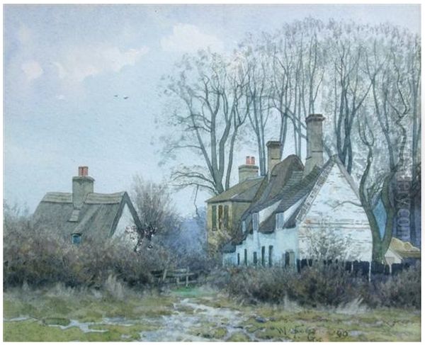 Thatched cottages and a Victorian house by Woodland , 1899 Oil Painting by William Fraser Garden