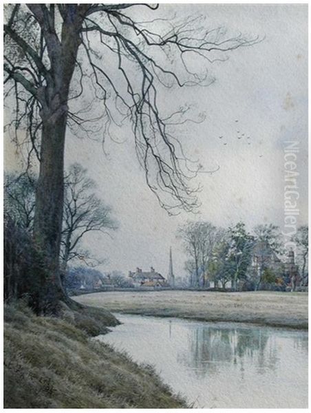 Church with tall spire by the Ouse , 1895 Oil Painting by William Fraser Garden