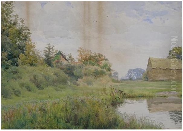 A farm with a pond , 1912 Oil Painting by William Fraser Garden