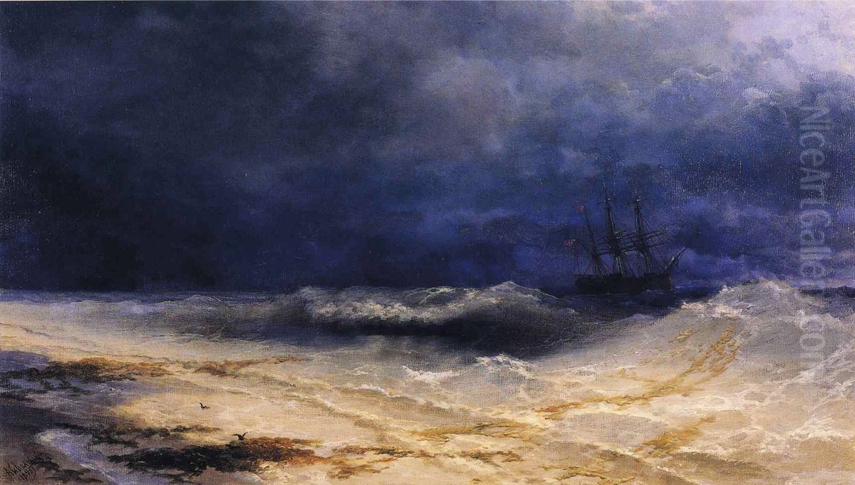 Ship in a Stormy Sea off the Coast Oil Painting by Ivan Aivazovsky