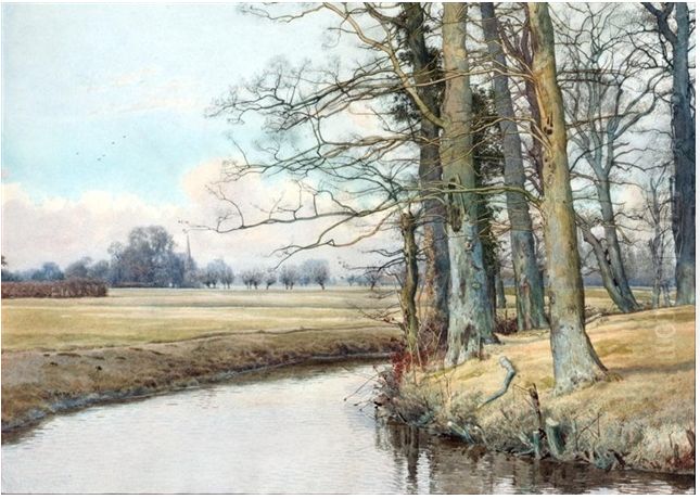 A winter river view (+ A spring river view; pair) , 1895 Oil Painting by William Fraser Garden