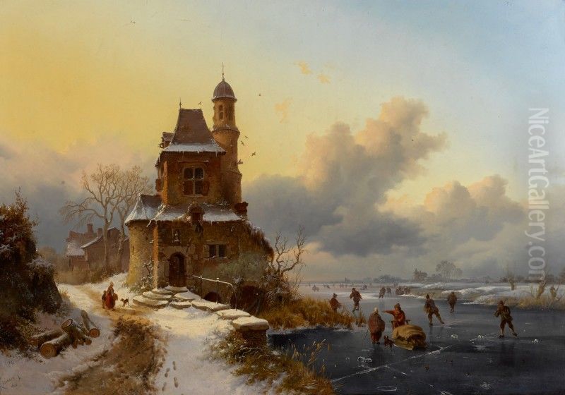 WINTER LANDSCAPE WITH SKATERS Oil Painting by Fredrik Marinus Kruseman