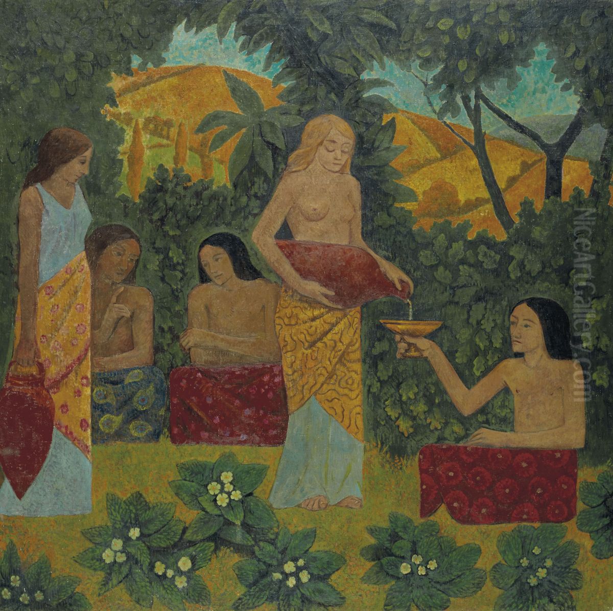 Libations, Cinq figures dans une foret mythique Oil Painting by unknown