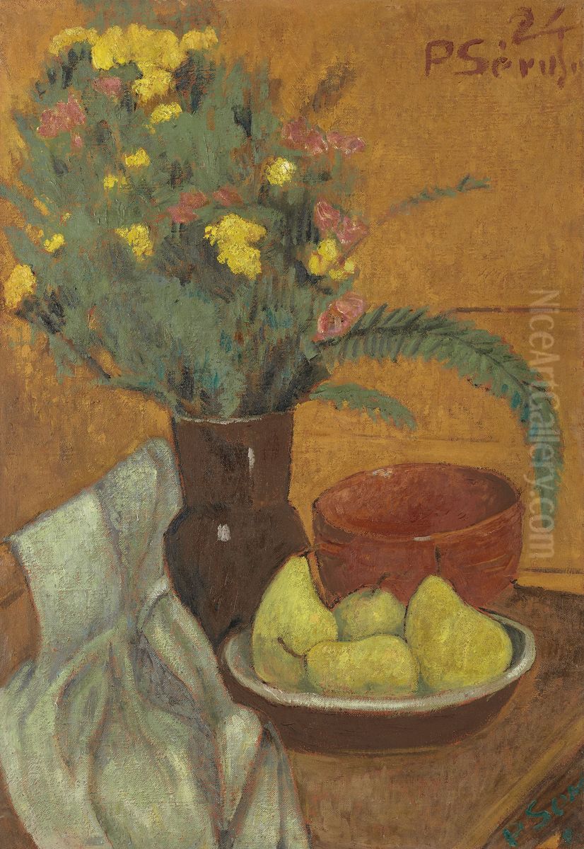 Still life with pears and bouquet of ferns Oil Painting by unknown