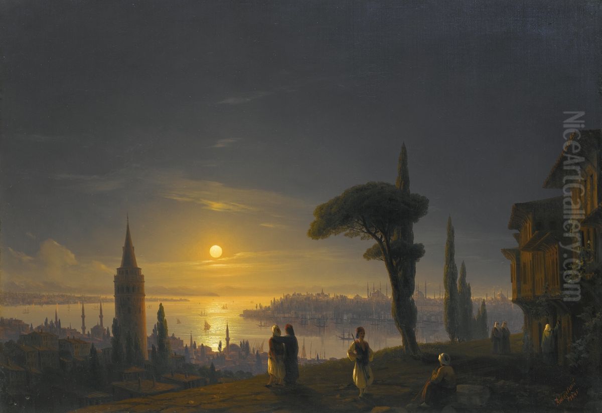 The Galata Tower by Moonlight Oil Painting by Ivan Aivazovsky