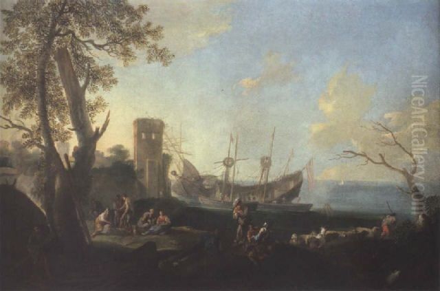 a-mediterranean-harbour-with-a-shipwreck,-peasants-and-their-livestock-in-the-foreground Oil Painting by Adrien Manglard