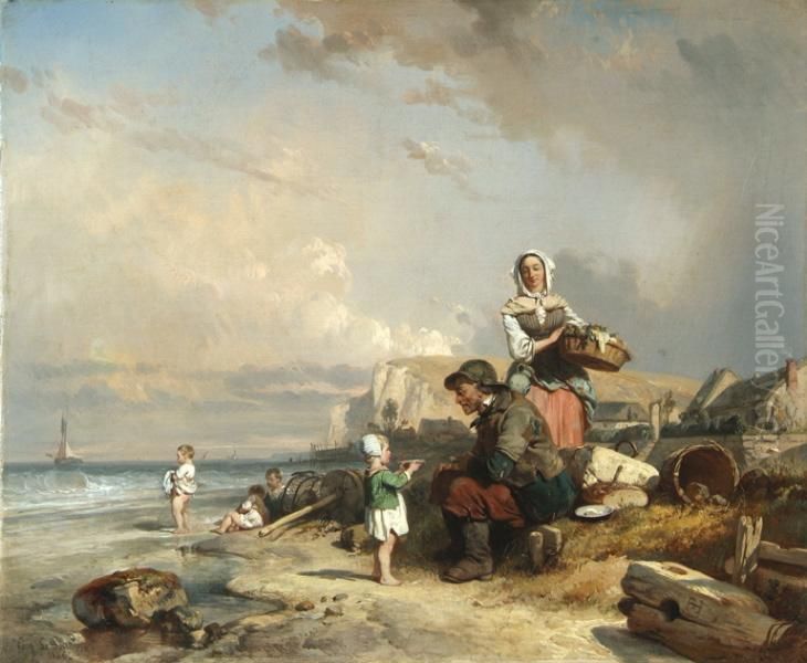 Family scene by the sea Oil Painting by Eugene Le Poittevin