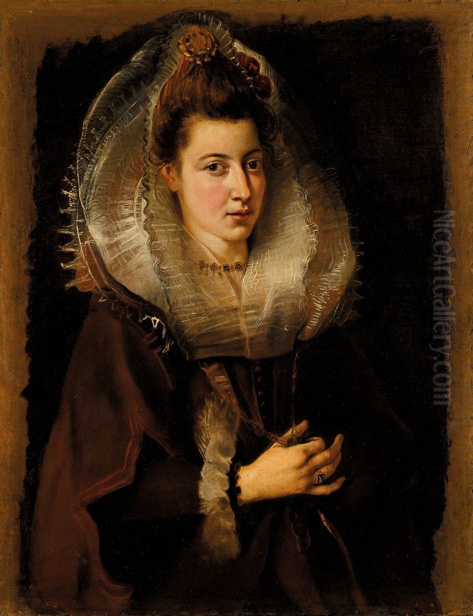 Portrait of a young woman, half-length, holding a chain Oil Painting by unknown