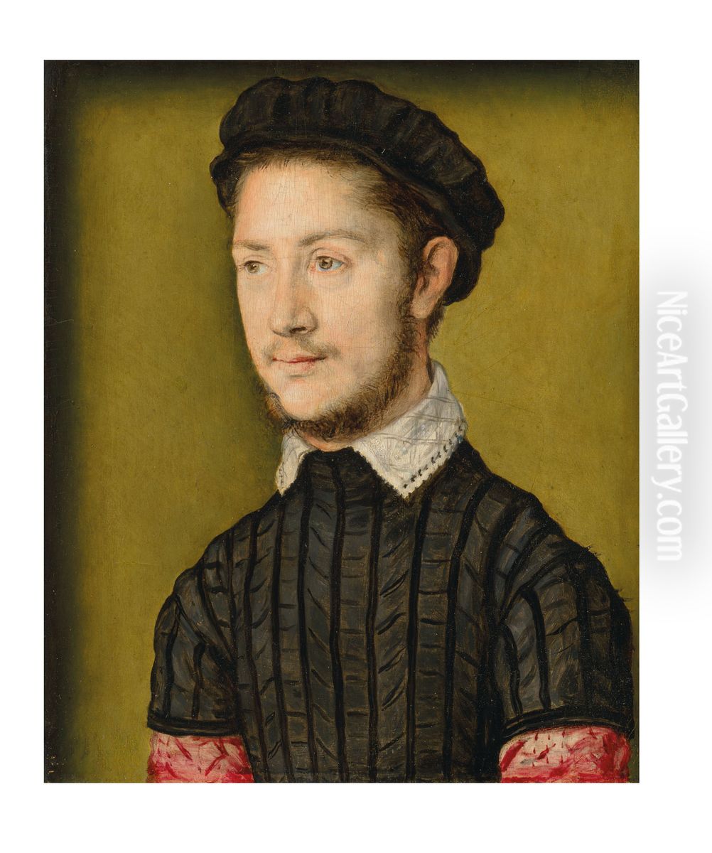 Portrait of a young man, probably an officer royal, small half-length, wearing a black slashed doublet and black cap Oil Painting by unknown