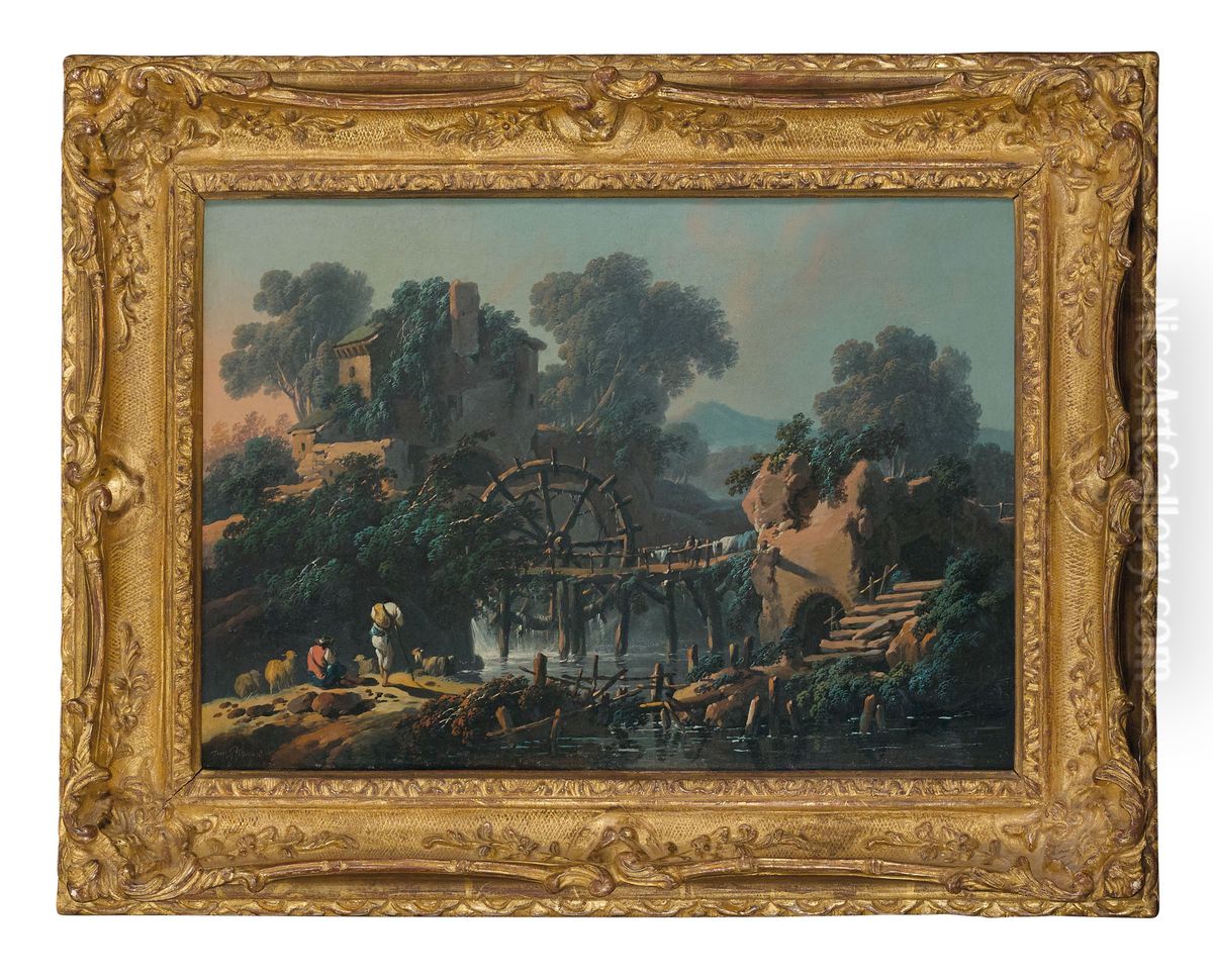 Paysage de riviere avec un moulin et des bergers Oil Painting by unknown