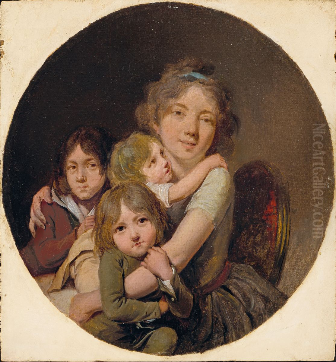 Portrait presume de Madame Boilly, nee Adelaide Leduc, seconde femme de l'artiste, et de ses trois fils Julien, Edouard et Alphonse, dans un cercle peint Oil Painting by unknown