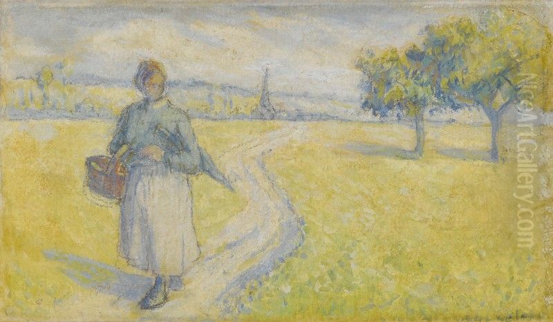 Farmer on a trail Oil Painting by Camille Pissarro