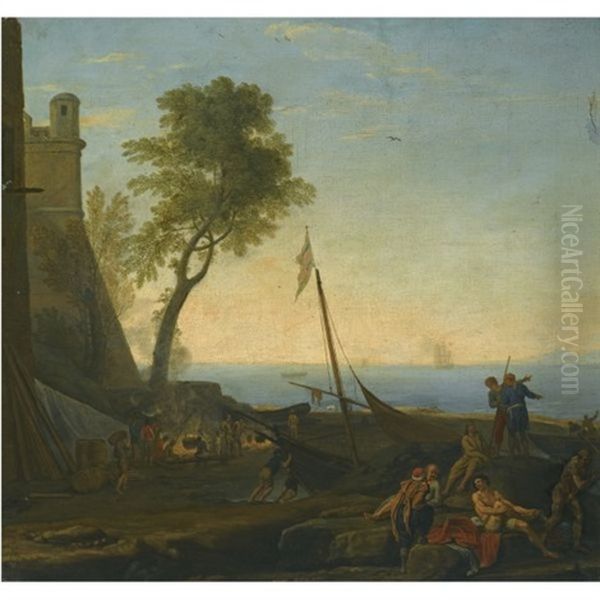 a-coastal-scene-by-a-harbour-with-a-boat-and-figures-in-the-foreground Oil Painting by Adrien Manglard