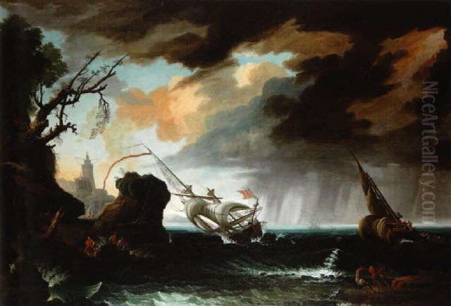 marine in heavy weather Oil Painting by Adrien Manglard