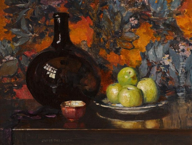 Still Life of a Black Bottle and Apples Oil Painting by unknown