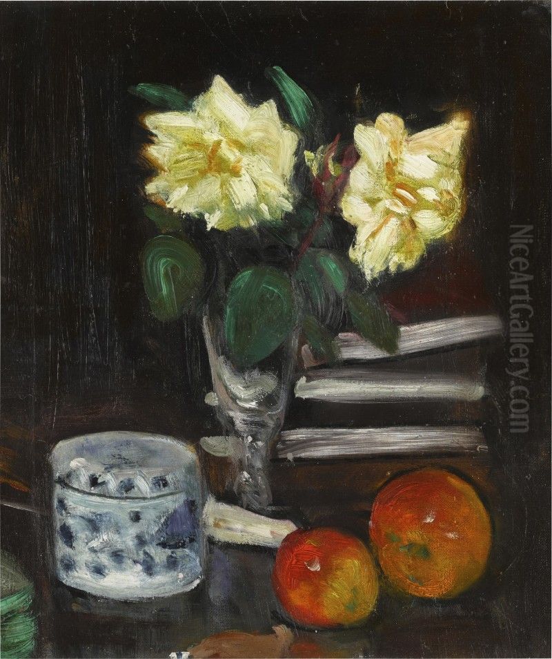 Still Life of Apples and Yellow Roses Oil Painting by unknown